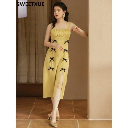 SWEETXUE French Square Neck Strapless Spaghetti Dress Summer Temperament Split Sweet Holiday Dress Elegant Female Vestido Mujer