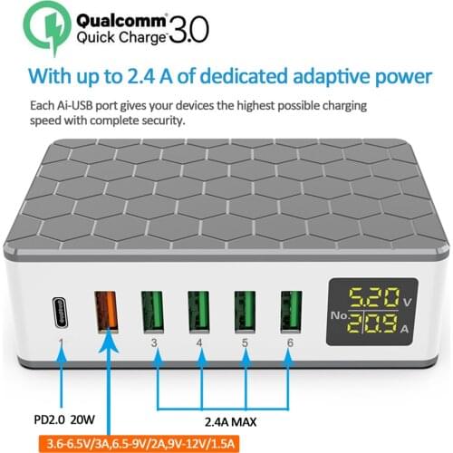 ILEPO 6 Ports 65w Charger Type c With Cable Smart Digital Display Current Voltage PD2.0 Fast Charger For iPhone12 11 Pro Samsung