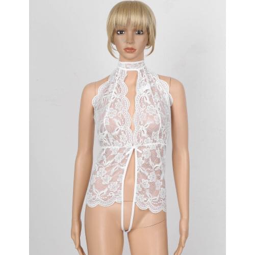 ZDHoor Sexy Hollow Lingerie Bodysuit Women Lace Halter Deep V Neck Lingerie Babydoll Flower Pattern Bodysuit Transpare Jumpsuit