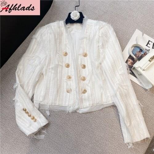 Autumn White Small Fragrance Tweed Jacket Female Designer Tassel Coats Long Sleeve Mesh Stitching Straight Women Outerwear