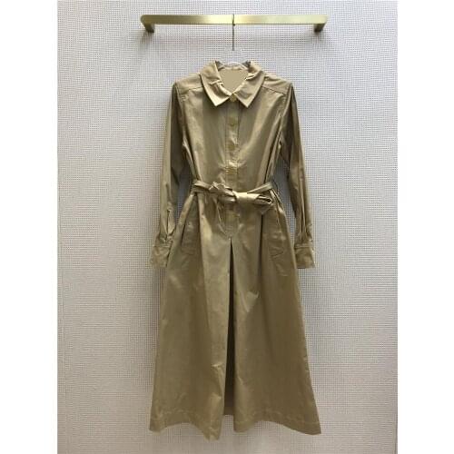 Brand Khaki Runway 2021 Early Spring Women New Single- Breasted Lace-up Straight Long Trench Solid High Waist cotton Coat