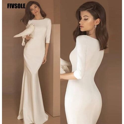 Fivsole Simple Soft Satin Sheath Mermaid Wedding Dresses 2021 Half Sleeve scoop Bridal Gowns Formal Robe De Mariee Zipper Back