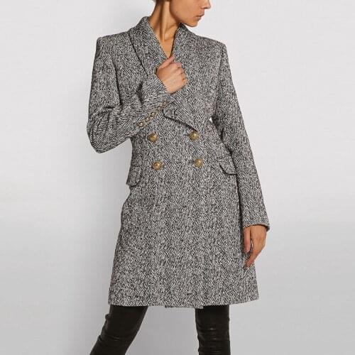 High Quality Newest Fall Winter Nice Designer Coat Womens Double Breasted Lion Buttons Herringbone Wool Blends Tweed Coat