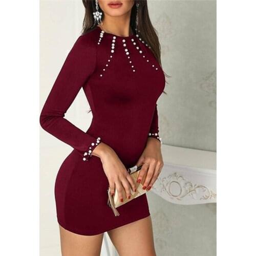 2021 Womens Long Sleeve Black Blue Solid O-Neck Bodycon Sexy Slim Dresses For Autumn Large Size