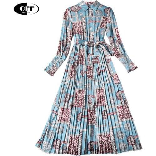 Autumn summer vintage midi-long dresses for women retro printed blue Pleated shirt dress woman ladies office clothes female robe