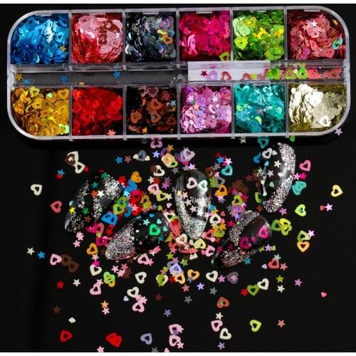 12 Grids/set mixed Nail Glitter Flakes 3D Charms lucky star hollow heart Sequins nail art Decoration Manicure Tools CT-023