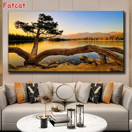 5D Diamond Painting sunset Scenery lake Tree DIY Full Diamond Embroidery Kit Landscape large Decor Handmade Craft Gift PP393