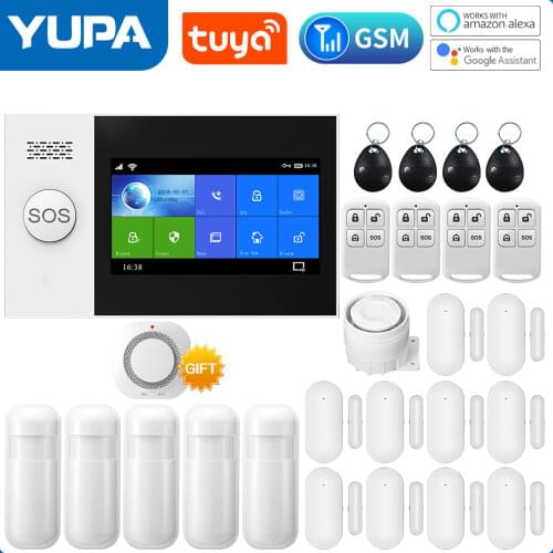 Wireless Wifi GSM Home Security Alarm System With Motion Sensor Gift Smoke Detector For Tuya SmartLife APP Works Alexa & Google