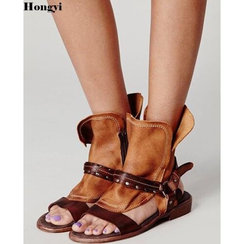 Women Sandals Soft Leather Gladiator Sandals Women Casual Summer Shoes Female Flat Sandals Plus Size 35-43 Beach Shoes Women