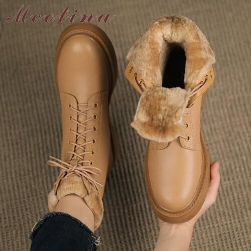 Meotina Genuine Leather Motorcycle Boots Woman Med Heel Ankle Boots Platform Block Heel Short Boots Lace Up Female Shoes Winter