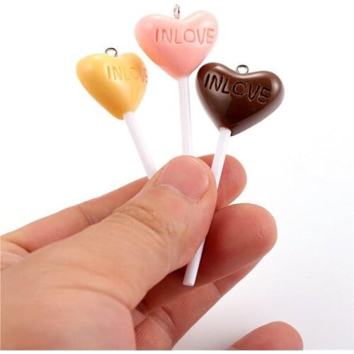 Julie Wang 10PCS Resin Heart Lollipop Charms With Nail Letters IN LOVE Lollipop Artificial Food Pendant Jewelry Making Accessory