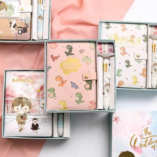 Kawaii A5 PU Diary Notebook Planner 2021 School Stationery Creative Washi Tape Pen Set Hardcover Notebook Best Gift for Birthday