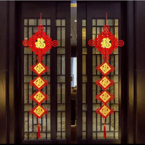 Gold FU Couplet Spring Festival Holiday Decor Chinese New Year Felt Flocking Cloth Five Blessings Gilded Chinese Knot Pendant