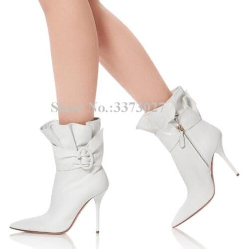Fashion Pleated Ruffles Buckle Ankle Boots Women New Pointed Toe Stiletto Heel Lady Short Boots Best Design Banquet Shoes