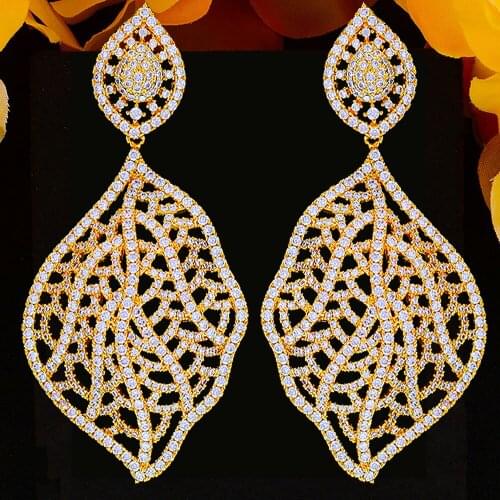 Trendy Luxury Leaf African Dangle Earrings For Women Wedding Cubic Zirconia Crystal DUBAI Bridal Earrings Party Jewelry 2020