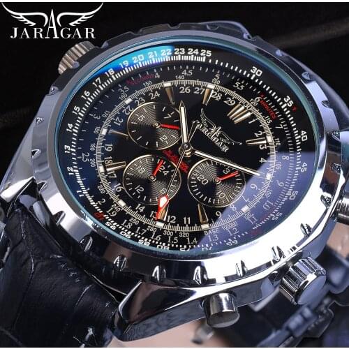 Jaragar Automatic Mens Sport Watches Pilot Military Mechanical Self-Wind Black Leather Fashion Wristwatch Male Relogio Masculino
