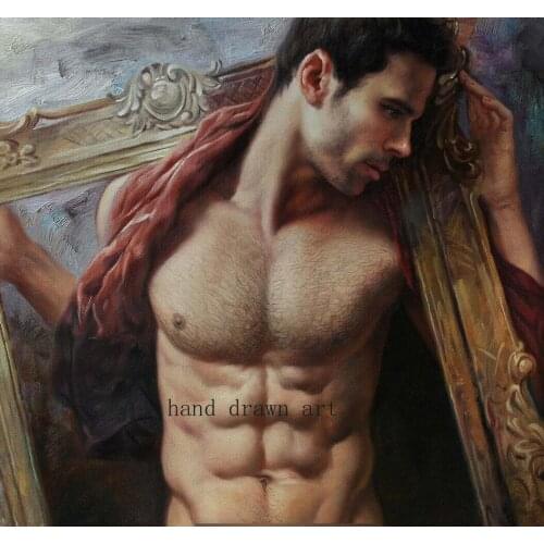 Professional hand-painted oil painting realistic art on canvas: seductive model, mans body. Accept custom painting