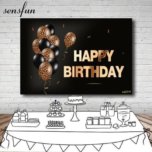 Sensfun 7x5ft Black Leopard print Balloons Backdrops Fashion Men Women Happy Birthday Photography Backgrounds Gold Text Custom