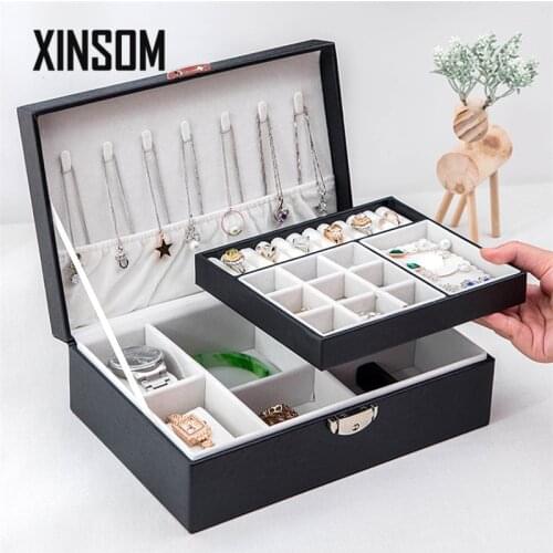 XINSOM New Big Jewelry Box Double Layers High Capacity Necklace Earrings Rings Bracelets Jewelry Storage Box PU Leather Casket