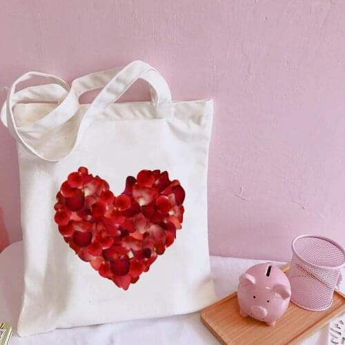 Pink Heart Flower Print Women Canvas Shoulder Bag Valentines Day Gift Shopping Travel Women Eco Reusable Shopper Bags