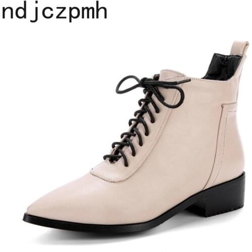 Womens Boots New Pattern Winter Fashion Pointed Lace-up Low-heeled Short Tube Women Shoes Size 34-43 Heel Height 3.5cm Black