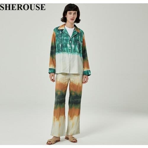 2021 Two Piece Set Women Tie Dye Shirt and Trousers Blouse Wide Trousers Elegant Cozy Woman Pajama Outfits Pants Set
