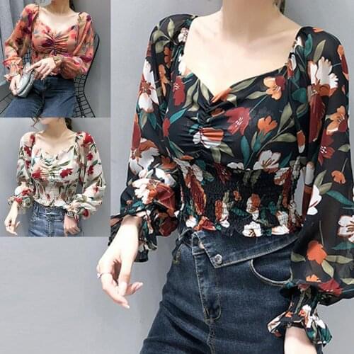 Women Square Neck Long Sleeve Crop Top Floral Print Waist Tight T-shirt Blouse