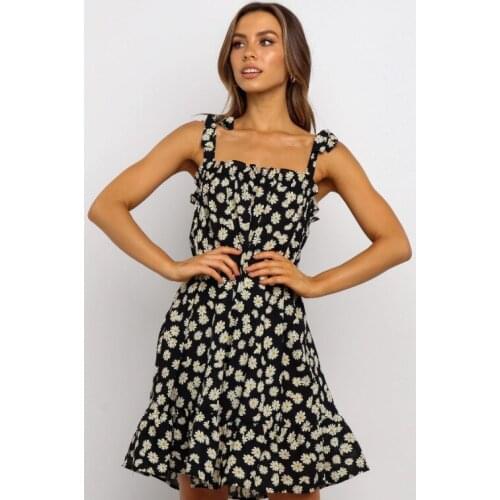 2020 Summer Women Sleeveless chrysanthemum Print Dress Spaghetti Strap Ladies Slash Neck Solid Elegant Sundress Lady Dresses