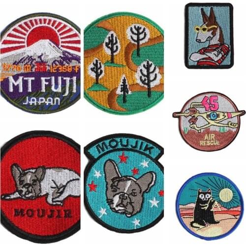 Animal Bulldog Patch Cartoon Angling cat Embroidered Mount Fuji, Japan Patches A Desert tree Patchs For Clothes decorate