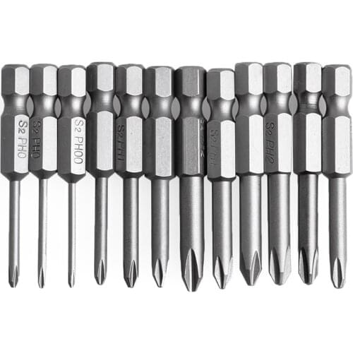 12Pcs/Set 50mm 1/4 Inch Hex Shank Magnetic Phillips Cross Screwdriver Bits