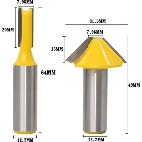 2pcs/set flat bottom V-shape milling cutter 1/2 shank woodworking tools miter router kit for woodworker cutting carbide alloy