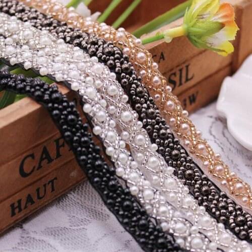 20 Yards White Black Pearl Beaded Rhinestone Lace Trim White Black Braided Ribbon for Wedding Dress