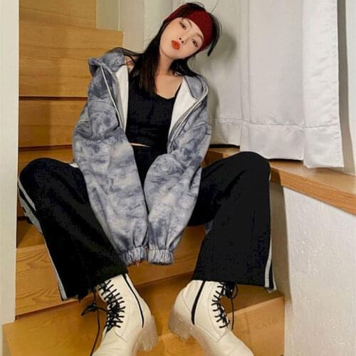 2021 Autumn Winter Gradient Color Tie-dye Hooded Korean Zipper Jacket Loose Clothes Women Clothing Oversized Ladies Coats Kawaii