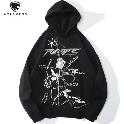Aolamegs Men Punk Chain Loop Fastener Rose Printed Hoodie Thick Sweatshirts Rock High Street Hipster Coupler Pullover Streetwear