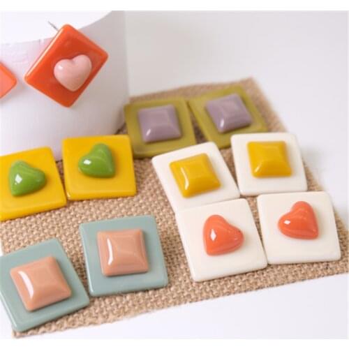 AOMU 2021 Summer Vintage Morandi Hit Color Acrylic Geometric Square Heart Trendy Stud Earrings for Women Fashion Jewelry Gifts