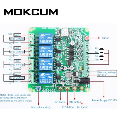 DC 12V 2.4G IoT Wireless Transceiver 4Bit WIFI Intelligent Controller Switch 10A Relay Module 4-Channel APP Control