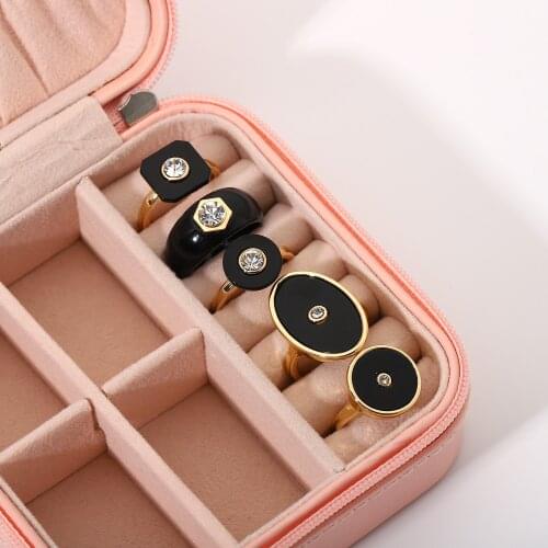 Geometric Black Color Enamel Crystal Rhinestone Rings For Women Minimalist Classic Female Rings Accessories