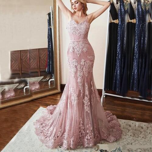 Robes de soirée Vintage Lace Appliques Rose Pink Mermaid Evening Dresses Sweetheart Straps Formal Party Prom Gowns