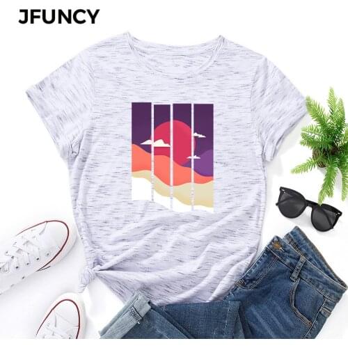 JFUNCY 5XL Plus Size Classic T-shirt Women Cotton Tee O-Neck Short Sleeve Tops Fashion Print Oversize Female Summer Loose Shirt
