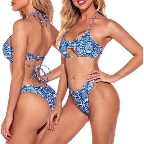 2Pcs Women Summer Swimwear 2021, Hollow Out Snake Print/Solid Color Lacing Padded Bra + High Waist Panty Bikini Set for Girls