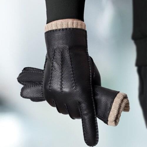 Mens Leather Thick Fleece Gloves, Handmade Leather Wool Gloves, Mens Touch Screen Driving and Riding, Warm Thick Cotton Gloves