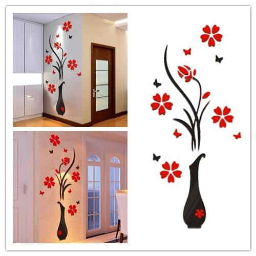 Wall Stickers DIY Vase Flower Tree Crystal Arcylic 3D Decal Home Decor room decoration Sticker decoracion hogar moderno L813