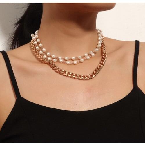 Multilayer Punk Pearl Choker Necklace Big Cuban Chain Women Necklace Collares Jewelry Gold Color Thick Chocker Female Jewelry