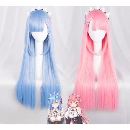 Biamoxer Ram Rem Wigs Re:Life in a different world from zero Cosplay Wig Pink Blue 80cm Long Straight Synthetic Hair for Adult