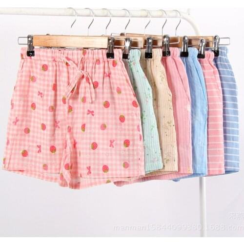 Couple Pajamas Summer Cotton Gauze Shorts Japanese Style Simple Elastic Waist Casual Large Size Lattice Men And Women Home Pants