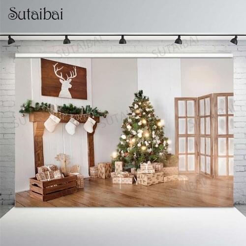 Chrismtas Backdrop Photography Chrismtas Tree Fireplace Gifts Photo Background for Photographic Studio Portrait Customized Props