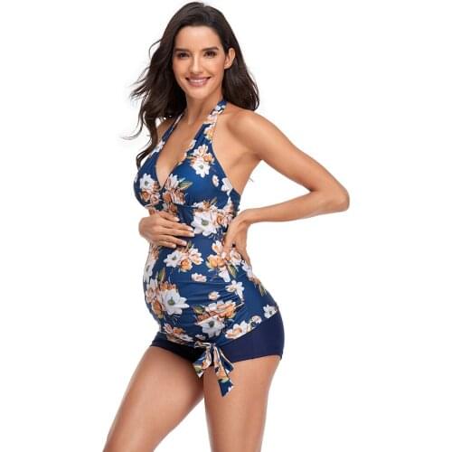 Halter-neck Floral Print Bowknot Pregnant Women Conservative Split Swimsuit Bikini 2021 Beachwear -40