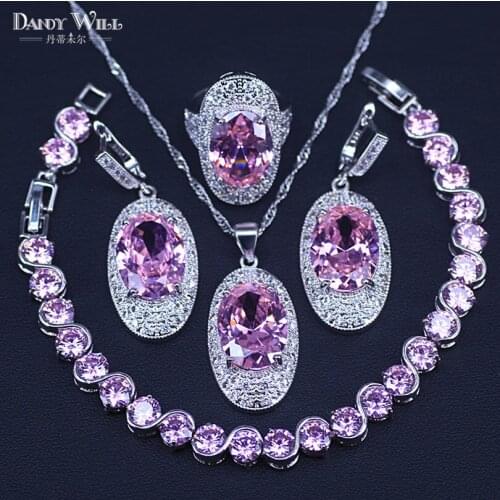 Sliver Costume Jewelry Sets For Women Bracelets/Necklace/Pendant/Drop Earrings/Rings Wedding Set With Pink Stones Free Box