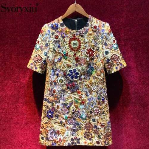 Svoryxiu Autumn Runway luxury Pearl Diamond Mini Dress Womens Fashion Short Sleeve Vintage Printed Party Short Dress Vestdios