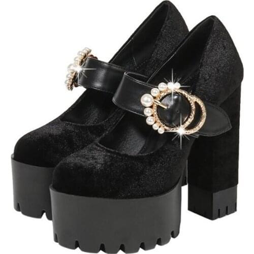 Shoes Woman Pumps Waterproof Wedding Party Shoes Platform Dress Flock Buckle 15CM Thick High Heels Round Toe Pearl Women Shoes